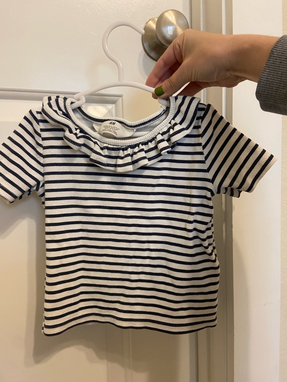 H&M White and Navy Striped Ruffle Neck Short Sleeve Top